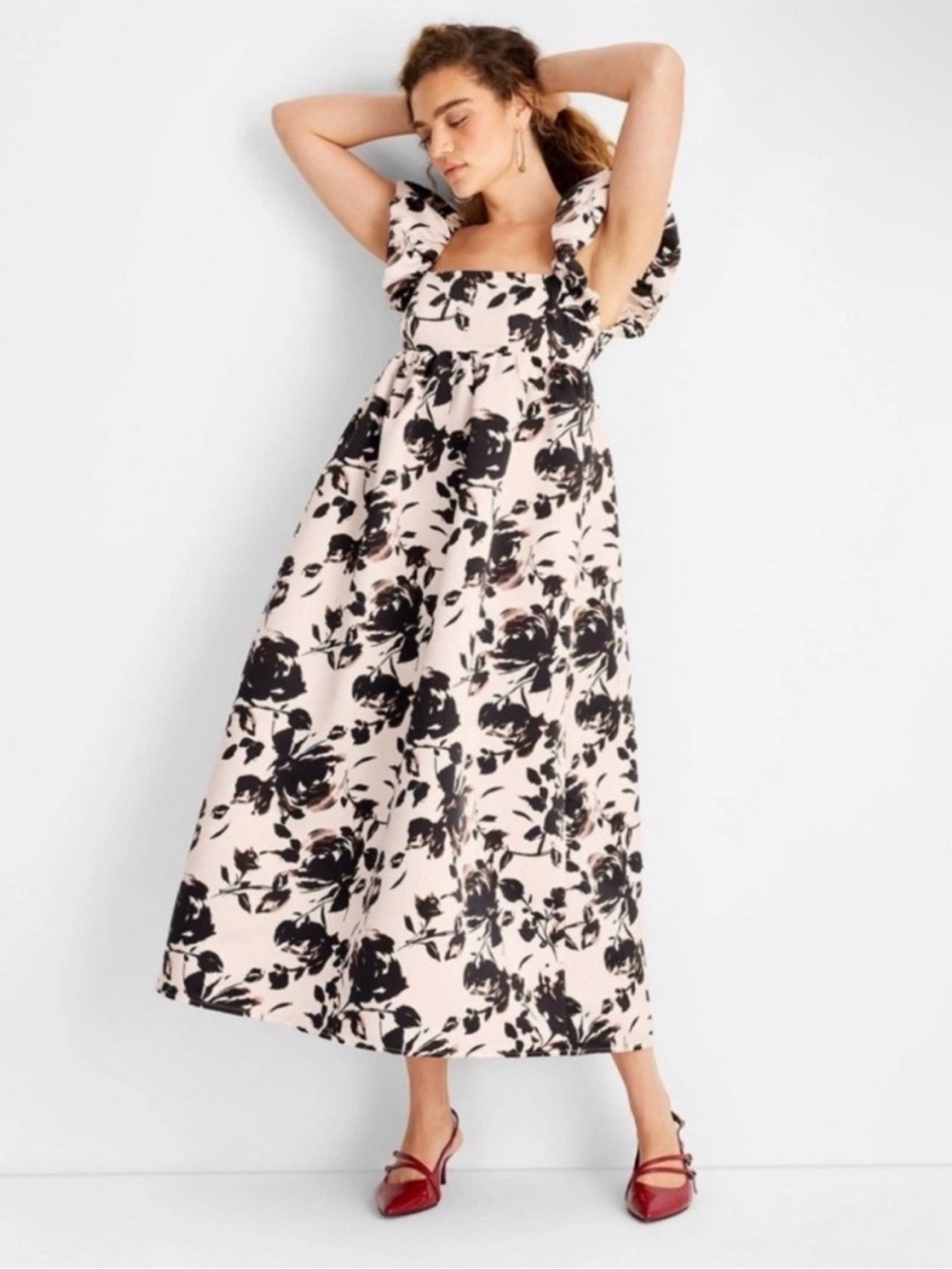 Future Collective Women’s Dress Ankle Length A Line Pink Black Floral Puff M
